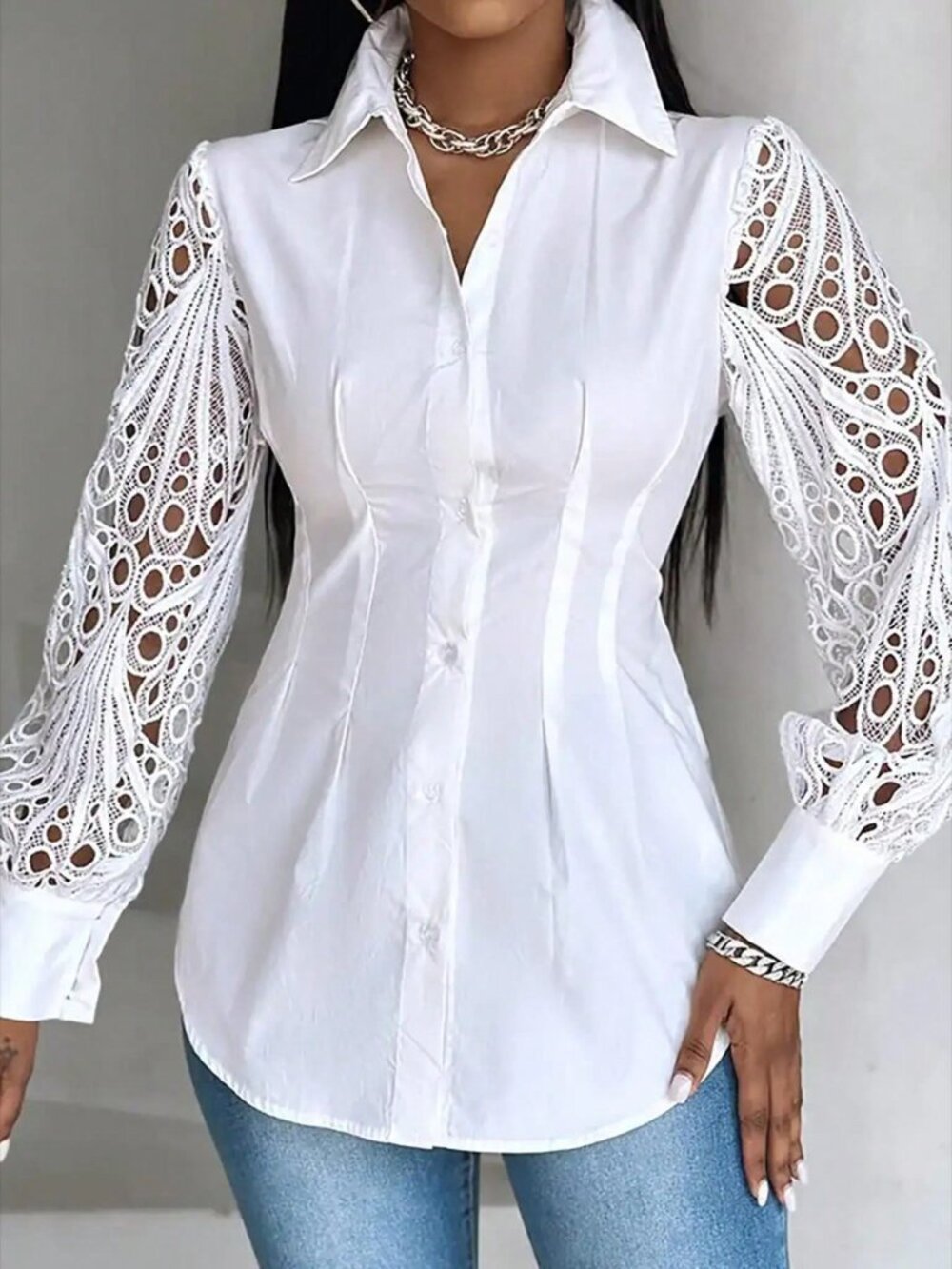 White Elegant Women's Plus Lace Hollow Sleeve Collar Shirt - Picture 3 of 4